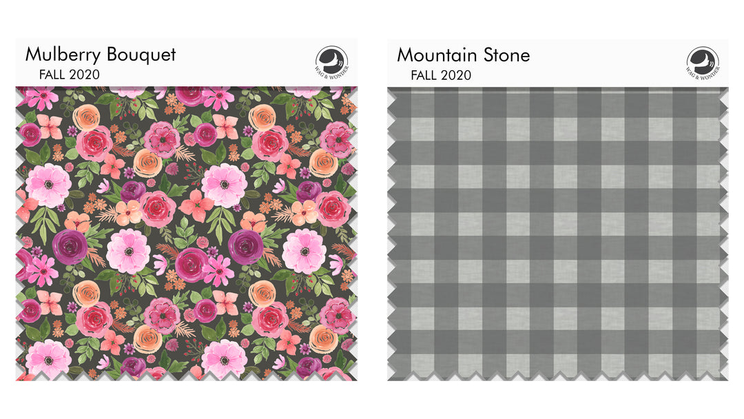 Mulberry Bouquet and Mountain Stone fabric swatches from Fall 2020 dog acessories