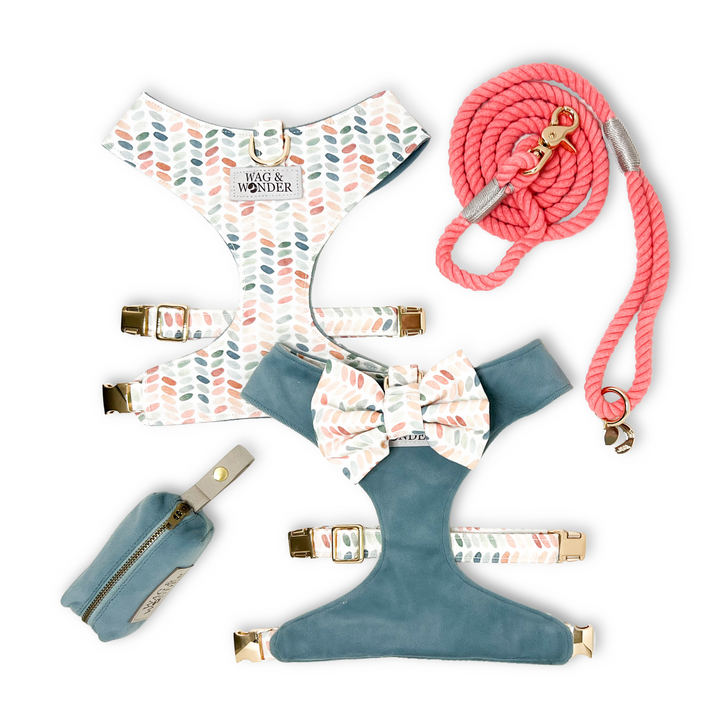 Arctic Sky Reversible Dog Harness + Bow Tie Spiced Coral Walk Set