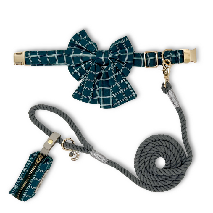 Atlantic Waves Windowpane Classic Dog Collar + Sailor Bow Walk Set