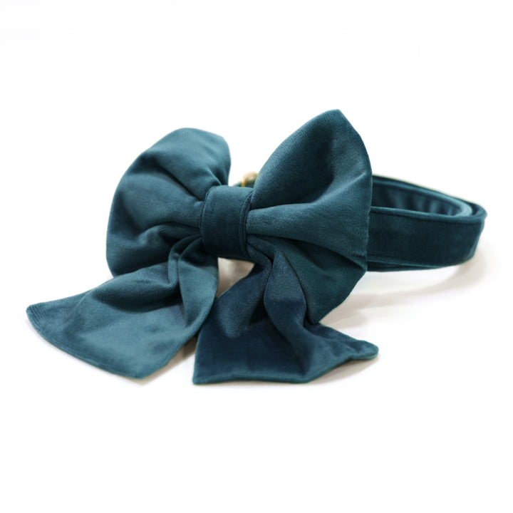 Dark teal velvet dog collar with sailor bow