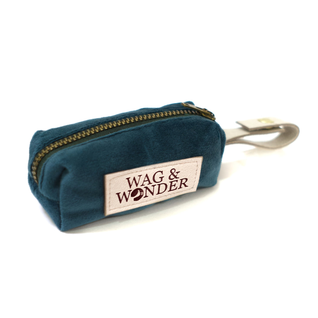 Dark teal velvet dog waste bag holder with vegan leather loop