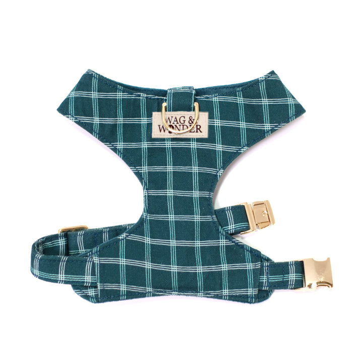 XS dark teal windowpane plaid reversible dog harness