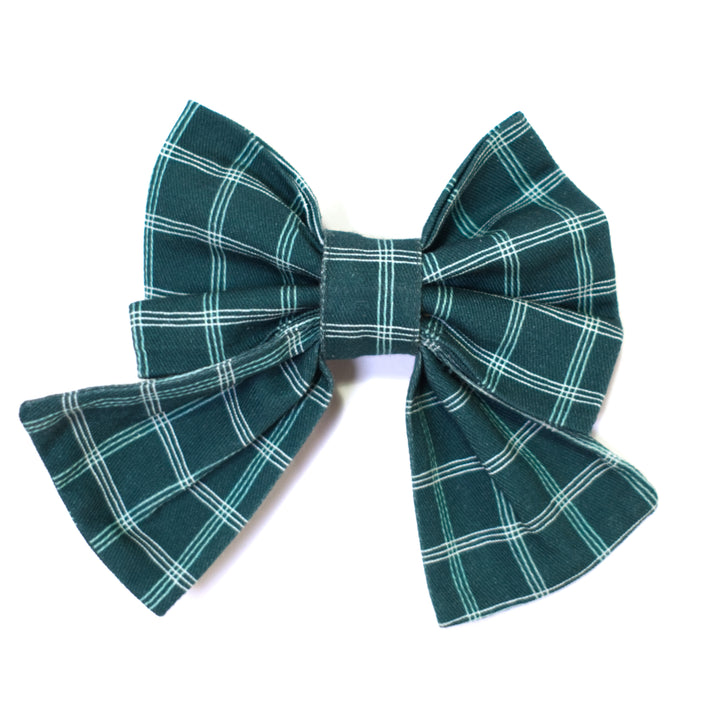 Dark teal windowpane plaid sailor dog bow