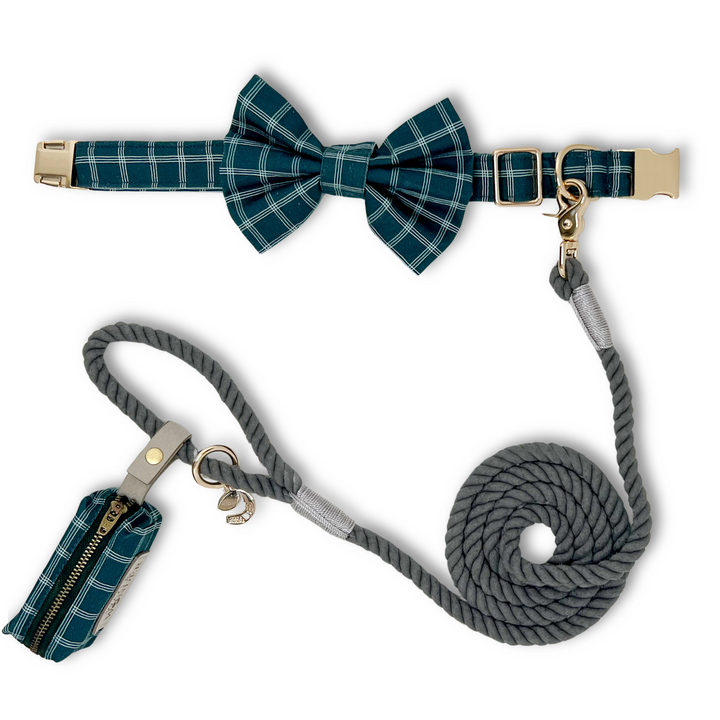 Atlantic Waves Windowpane Classic Dog Collar + Bow Tie Walk Set