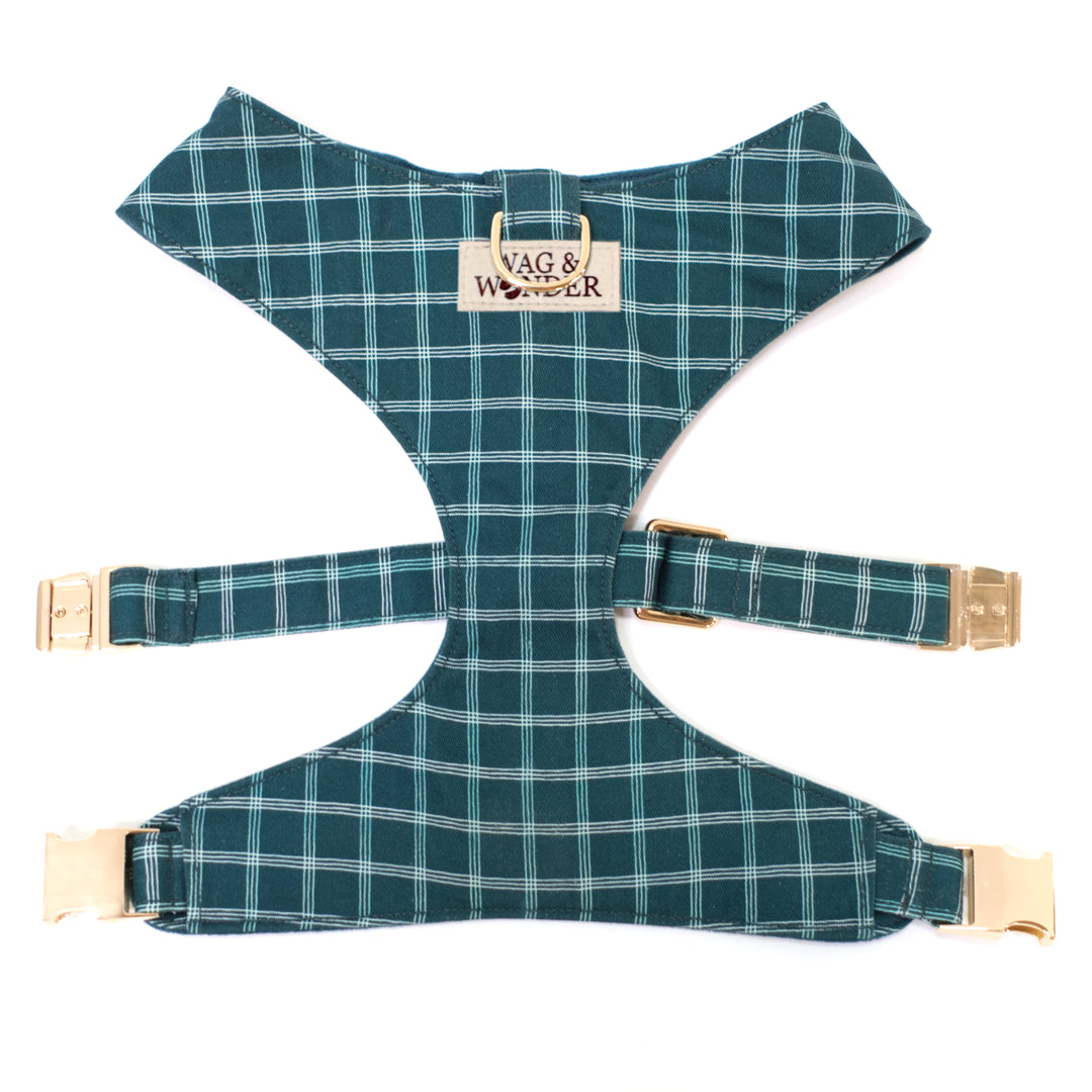 Teal Windowpane plaid reversible dog harness with gold hardware