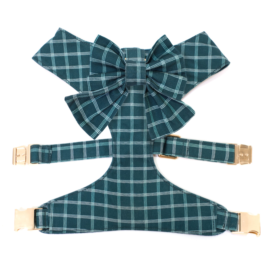 Dark teal windowpane plaid reversible dog harness and sailor bow 