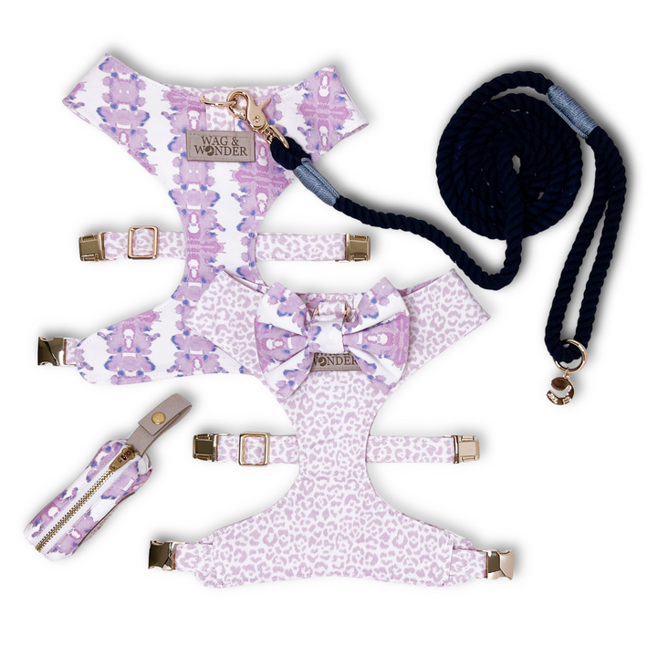 French Lavender Reversible Dog Harness + Bow Tie Walk Set