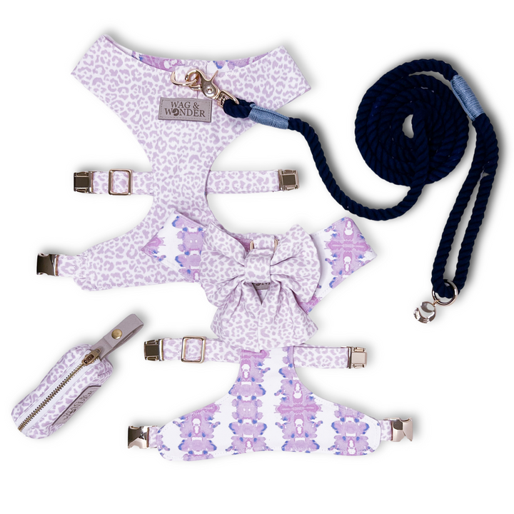 French Lavender Reversible Dog Harness + Sailor Bow Walk Set