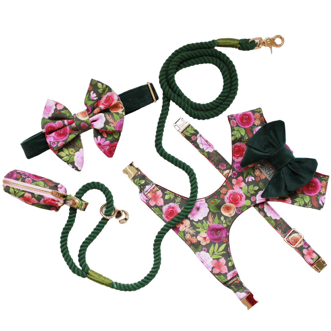 A dog harness, dog collar, dog bows, a dog poop bag holder and a dog leash in floral print and dark green velvet.