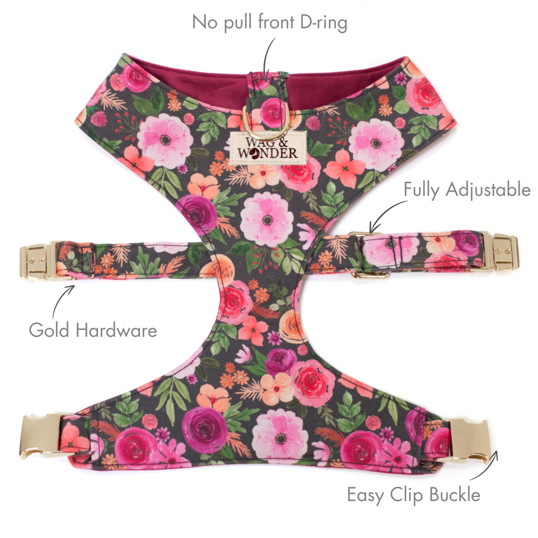 Mulberry Bouquet Reversible Dog Harness + Bow Tie