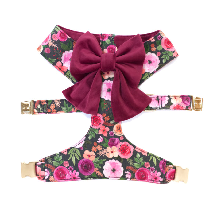 Pink floral  reversible dog harness with gold hardware and burgundy velvet sailor dog bow