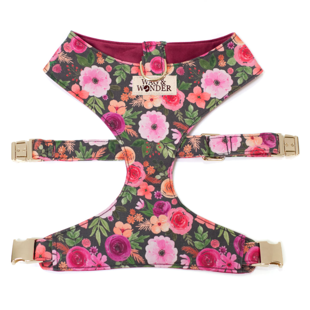 Pink, purple & orange floral reversible dog harness with gold hardware