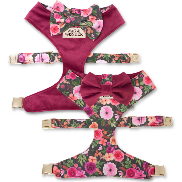 Mulberry Bouquet Reversible Dog Harness + Bow Tie