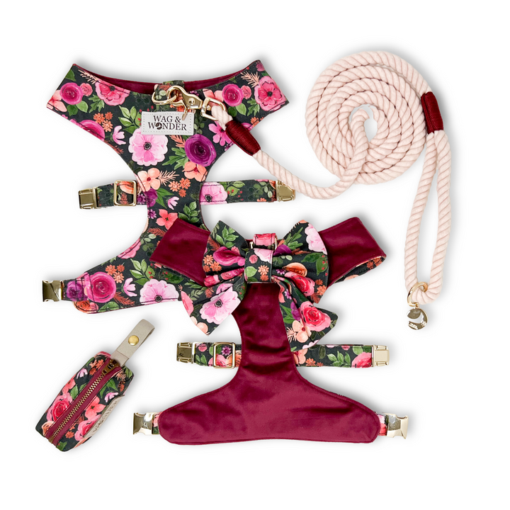 Mulberry Bouquet Reversible Dog Harness + Sailor Bow Walk Set