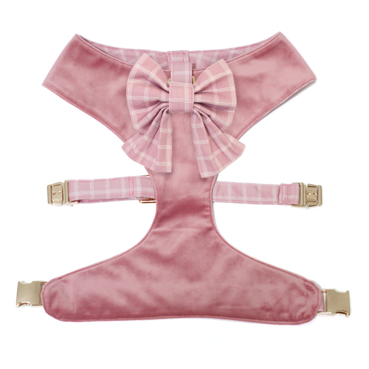 Light pink velvet reversible dog harness with gold hardware and windowpane plaid sailor dog bow