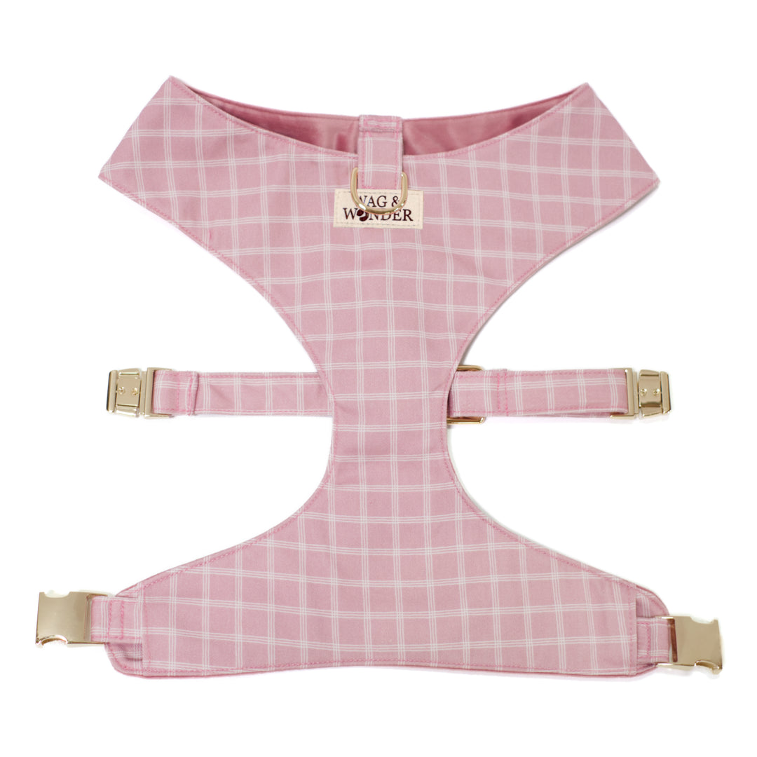 Rose pink triple windowpane plaid dog harness with gold hardware