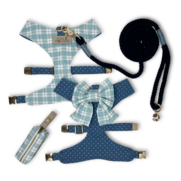 Seaside Reversible Dog Harness + Sailor Bow Walk Set