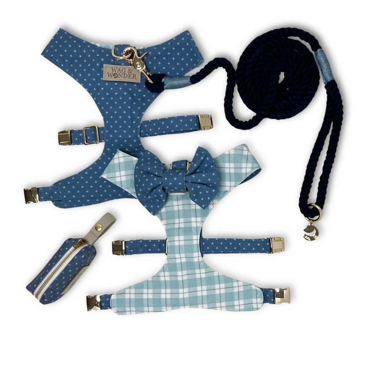 Seaside Reversible Dog Harness + Bow Tie Walk Set