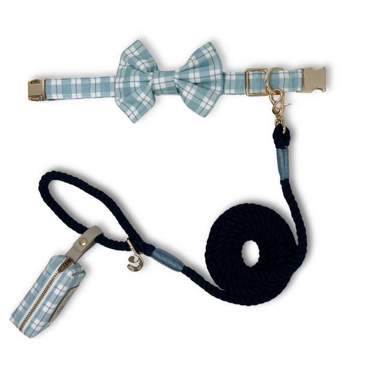 Seaside Plaid Classic Dog Collar + Bow Tie Walk Set