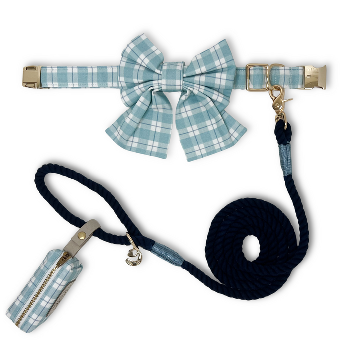 Seaside Plaid Classic Dog Collar + Sailor Bow Walk Set