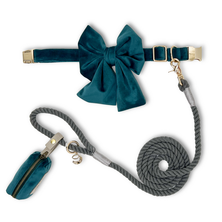 Velvet Atlantic Waves Classic Dog Collar + Sailor Bow Walk Set