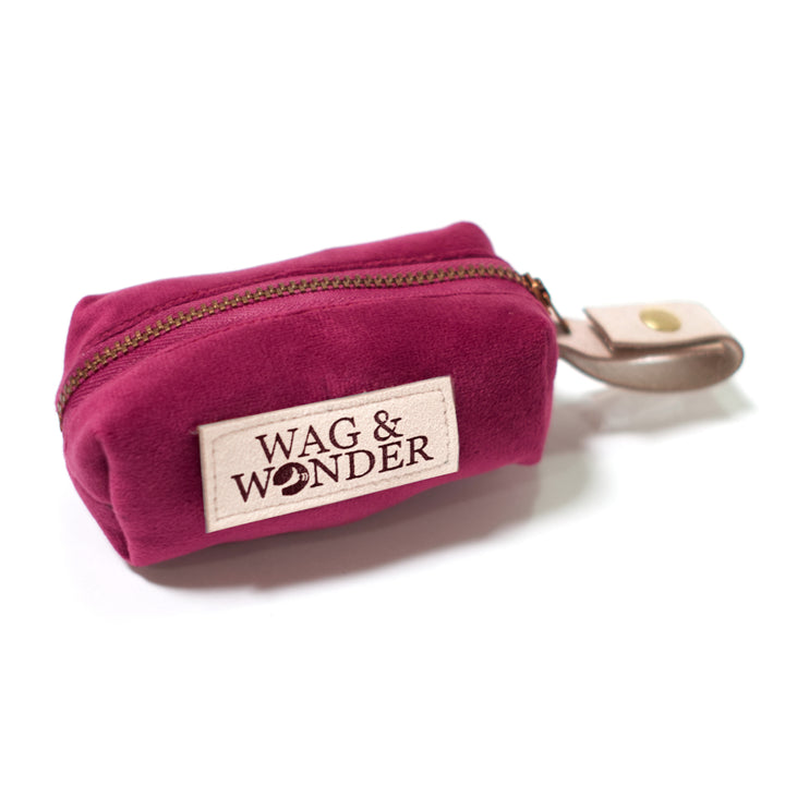 Wine velvet dog poop bag holder with vegan leather loop attachment for leash