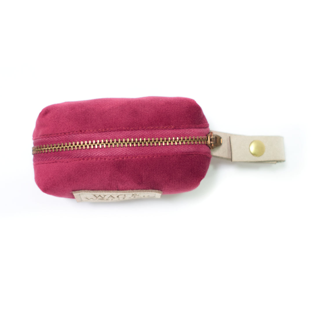 Zip closure top view of burgundy velvet dog poop bag holder