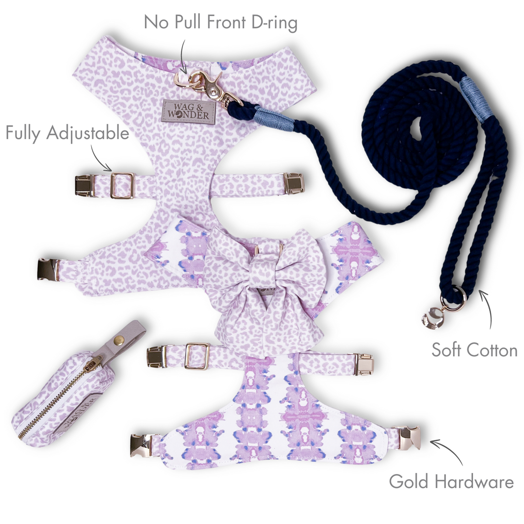 French Lavender Reversible Dog Harness + Sailor Bow Walk Set