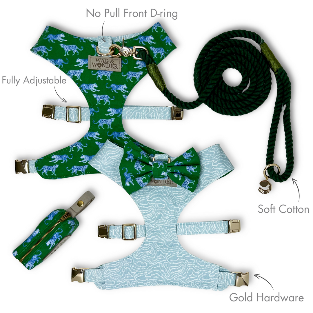 Leopard Parade Reversible Dog Harness + Bow Tie Walk Set