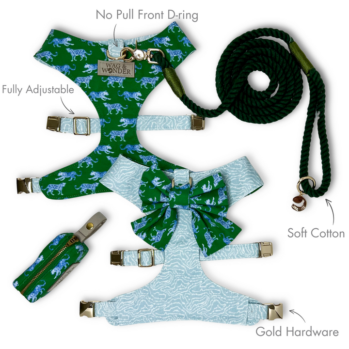 Leopard Parade Reversible Dog Harness + Sailor Bow Walk Set