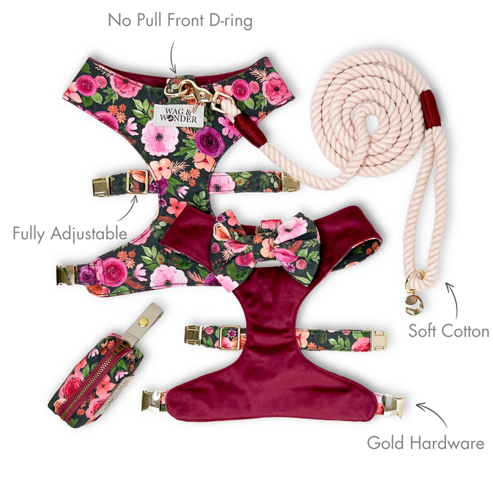 Mulberry Bouquet Reversible Dog Harness + Bow Tie Walk Set