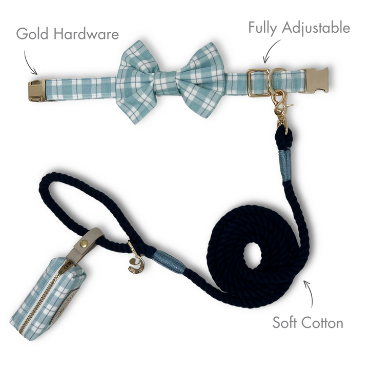 Seaside Plaid Classic Dog Collar + Bow Tie Walk Set