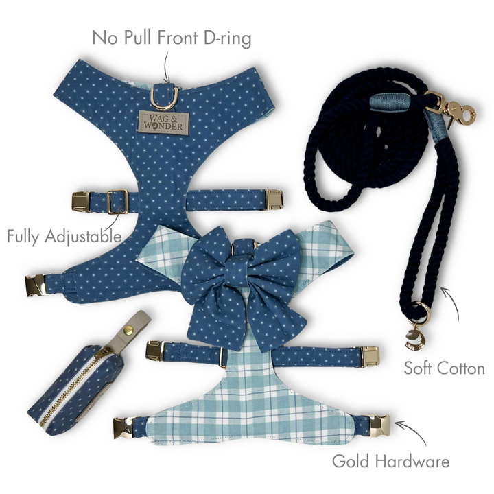 Seaside Reversible Dog Harness + Sailor Bow Walk Set