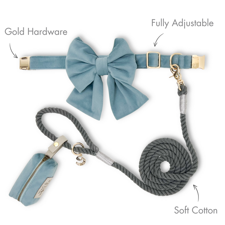 Velvet Misty River Classic Dog Collar + Sailor Bow Walk Set