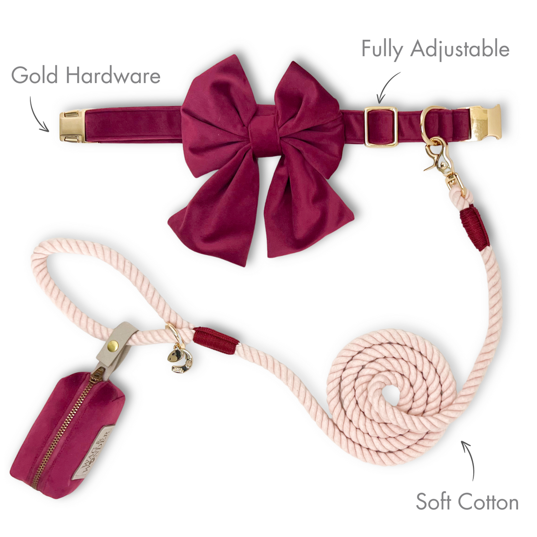 Velvet Mulberry Classic Dog Collar + Sailor Bow Walk Set