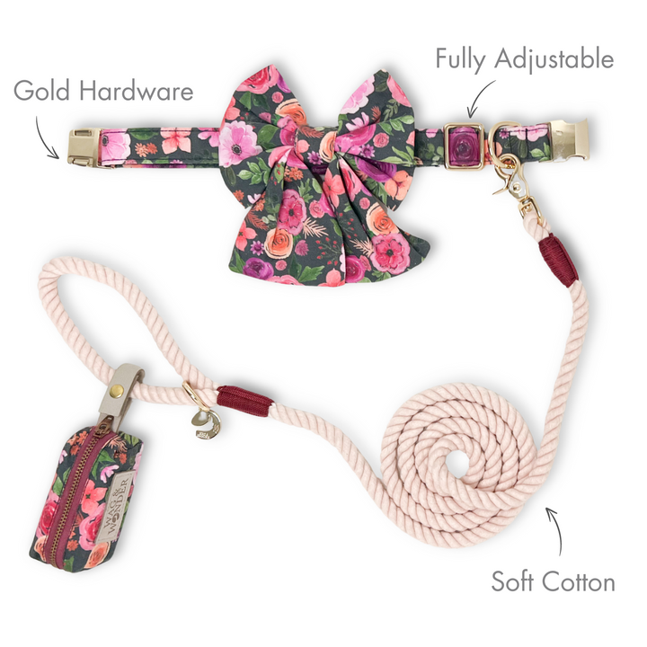 Mulberry Bouquet Classic Dog Collar + Sailor Bow Walk Set