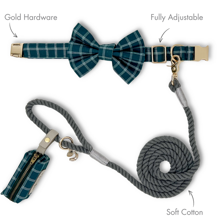 Atlantic Waves Windowpane Classic Dog Collar + Bow Tie Walk Set