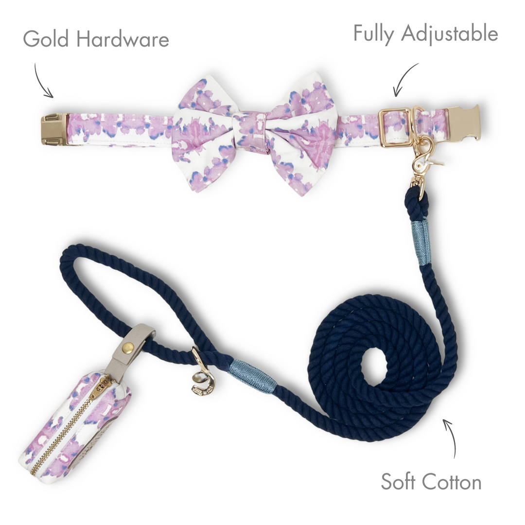 French Lavender Ink Blot Classic Dog Collar + Bow Tie Walk Set