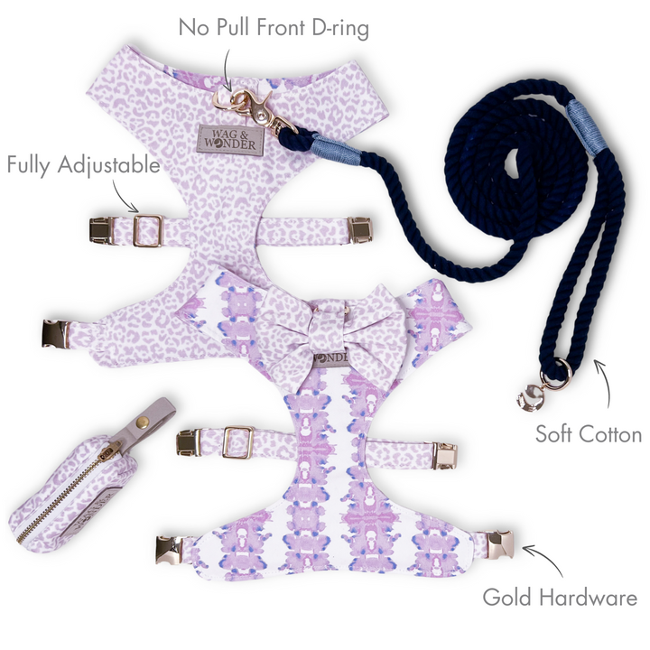 French Lavender Reversible Dog Harness + Bow Tie Walk Set