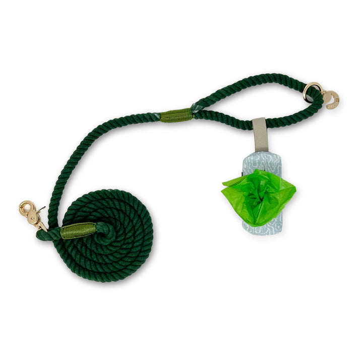 Evergreen Rope Dog Leash + Endless Path Waste Bag Holder