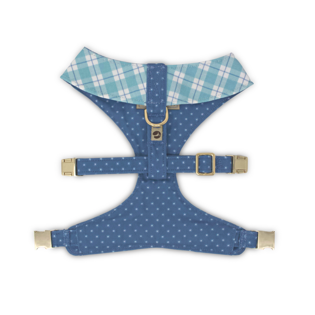 aqua and blue plaid reversible dog harness