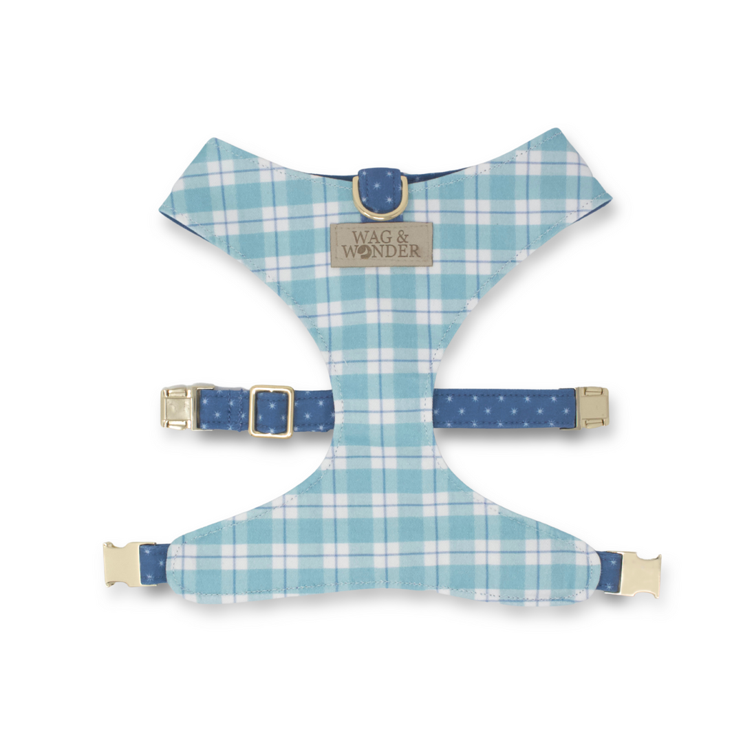 aqua and blue plaid reversible dog harness