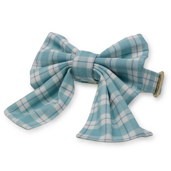 aqua and blue plaid dog collar and sailor dog bow