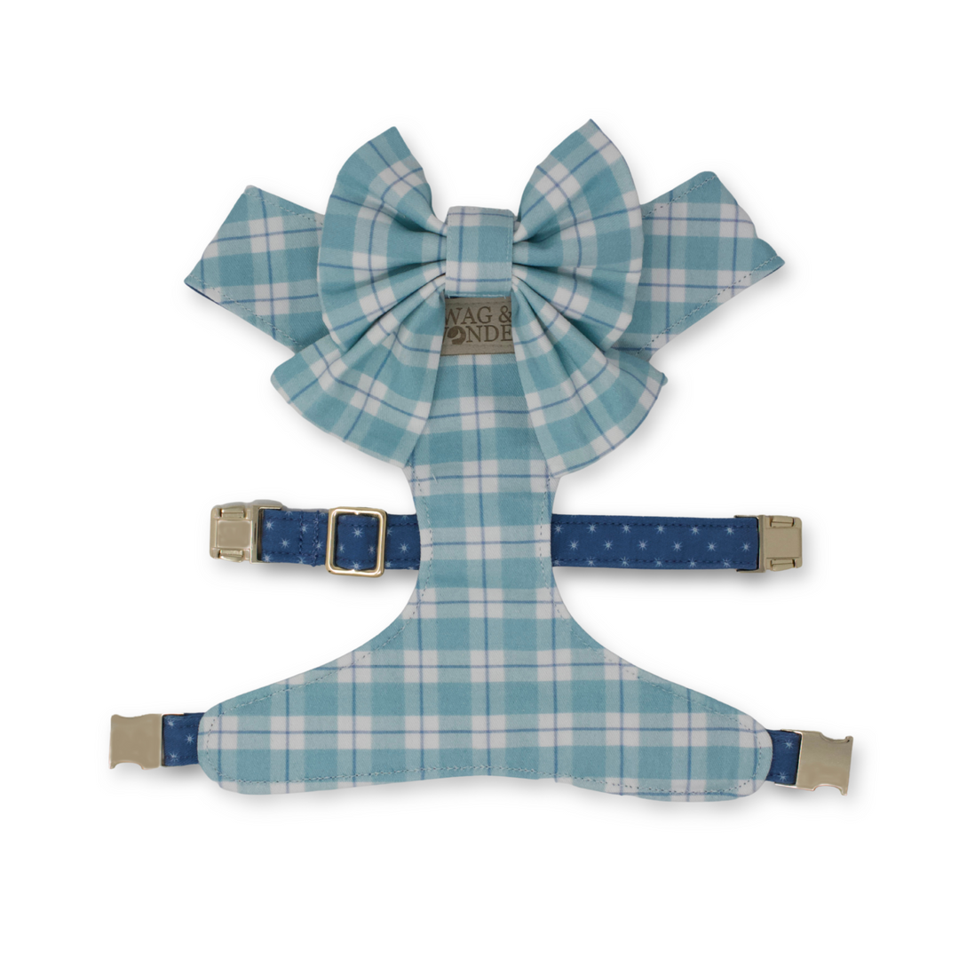 aqua & blue reversible dog harness & aqua and blue plaid sailor dog bow