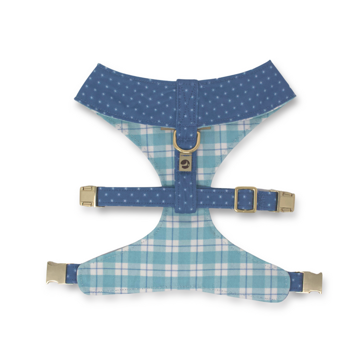 blue star print reversible dog harness