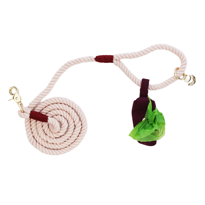 Soft Berry Rope Dog Leash + Mulberry Waste Bag Holder