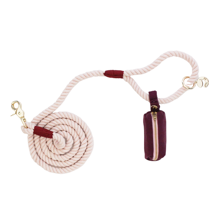 Soft Berry Rope Dog Leash + Mulberry Waste Bag Holder